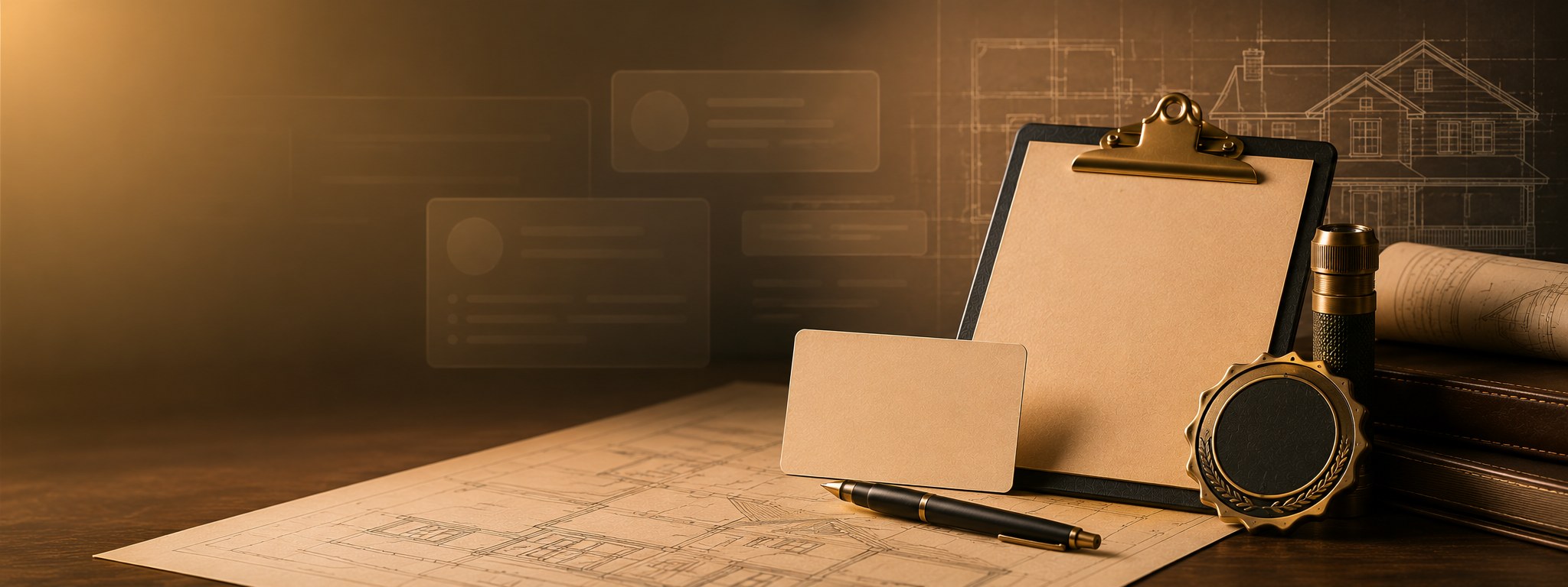 Home inspection clipboard and blueprints